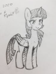 Size: 1357x1809 | Tagged: safe, artist:fipoki, derpibooru import, twilight sparkle, twilight sparkle (alicorn), alicorn, pony, female, folded wings, grayscale, horn, mare, monochrome, signature, simple background, smiling, solo, traditional art, white background, wings