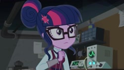 Size: 2114x1202 | Tagged: safe, derpibooru import, screencap, sci-twi, twilight sparkle, human, equestria girls, friendship games, clothes, crystal prep academy, crystal prep academy uniform, female, glasses, hair bun, necktie, school, school uniform, schoolgirl, solo