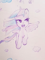 Size: 1536x2048 | Tagged: safe, artist:fipoki, derpibooru import, twilight sparkle, twilight sparkle (alicorn), alicorn, pony, cloud, female, flying, horn, mare, open mouth, solo, spread wings, traditional art, windswept mane, wings