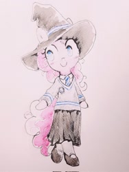 Size: 1536x2048 | Tagged: safe, artist:fipoki, derpibooru import, pinkie pie, earth pony, pony, semi-anthro, bipedal, clothes, female, harry potter (series), hat, hogwarts, mare, simple background, skirt, smiling, solo, sweater, traditional art, white background, witch, witch hat