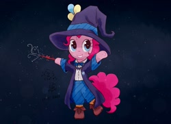 Size: 1443x1047 | Tagged: safe, artist:fipoki, derpibooru import, pinkie pie, earth pony, pony, semi-anthro, balloon, bipedal, cloak, clothes, female, harry potter (series), hat, hogwarts, hoof hold, magic wand, mare, shoes, signature, smiling, solo, wand, witch, witch hat