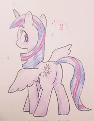 Size: 1589x2048 | Tagged: safe, artist:fipoki, derpibooru import, twilight sparkle, twilight sparkle (alicorn), alicorn, pony, butt, female, horn, looking back, mare, plot, simple background, solo, spread wings, traditional art, twibutt, white background, wings