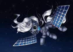 Size: 900x643 | Tagged: safe, artist:kairaanix, derpibooru import, oc, oc only, object pony, original species, pony, ponified, satellite, satellite pony, solar battery, solo, space, species swap, stars, zero gravity