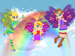 Size: 4000x3000 | Tagged: safe, artist:erockertorres, artist:user15432, artist:yaya54320bases, derpibooru import, human, equestria girls, barely eqg related, base used, believix, blue sky, boots, clothes, cloud, crossover, crown, dress, ear piercing, earring, equestria girls style, equestria girls-ified, fairies, fairies are magic, fairy, fairy wings, fairyized, fingerless gloves, flapping, flapping wings, fluttering, flying, gloves, green dress, green wings, high heel boots, high heels, hylian, jewelry, linkle, looking at you, necklace, one eye closed, piercing, pink dress, pink wings, princess zelda, purple dress, purple wings, rainbow, regalia, shoes, sky, smiling, the legend of zelda, toon zelda, wings, wink, winking at you, winx, winx club, winxified