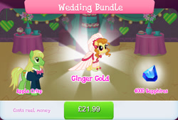 Size: 1270x857 | Tagged: safe, derpibooru import, earth pony, pony, apple crisp, beard, bowtie, bundle, clothes, costs real money, dress, duo, ear piercing, earring, english, facial hair, female, gameloft, ginger gold (idw), jewelry, male, mare, mobile game, my little pony: magic princess, numbers, official, piercing, sale, stallion, suit, text, wedding dress, wedding veil