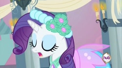 Size: 2160x1199 | Tagged: safe, derpibooru import, screencap, rarity, pony, unicorn, a canterlot wedding, bridesmaid, bridesmaid dress, canterlot castle, clothes, dress, eyes closed, female, floral head wreath, flower, flower in hair, royal wedding