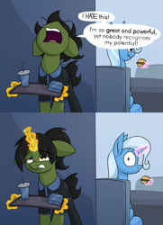 Size: 2268x3124 | Tagged: safe, artist:moonatik, derpibooru import, trixie, oc, oc:grim fate, pony, unicorn, 2 panel comic, angry, burger, comic, drink, fast food, female, food, horn, magic, mare, surprised, table, talking to herself, tired, tray, unicorn oc