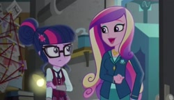 Size: 2137x1236 | Tagged: safe, derpibooru import, screencap, dean cadance, princess cadance, sci-twi, twilight sparkle, human, equestria girls, friendship games, clothes, crystal prep academy, crystal prep academy uniform, female, glasses, necktie, school, school uniform, schoolgirl, uniform