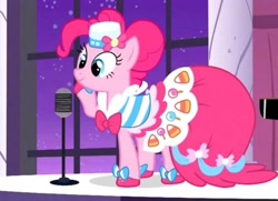 Size: 2144x1555 | Tagged: safe, derpibooru import, screencap, pinkie pie, earth pony, pony, the best night ever, canterlot, canterlot castle, clothes, dress, female, gala dress, grand galloping gala, microphone, musical instrument, piano, stage