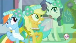 Size: 2160x1210 | Tagged: safe, derpibooru import, screencap, earth pony, pegasus, pony, unicorn, a canterlot wedding, bridesmaid dress, clothes, dress, female, floral head wreath, flower, flower in hair, gasp, gasping, royal wedding, scared, shocked, shocked expression, wedding