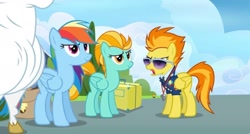 Size: 2160x1160 | Tagged: safe, derpibooru import, screencap, bulk biceps, lightning dust, rainbow dash, spitfire, pegasus, pony, wonderbolts academy, clothes, drill sergeant, female, male, necktie, suit, sunglasses, uniform, upscaled, wonderbolts dress uniform