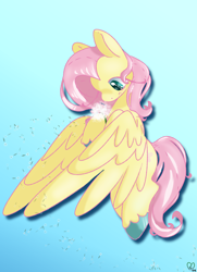 Size: 1000x1385 | Tagged: safe, artist:pagophasia, derpibooru exclusive, derpibooru import, fluttershy, pegasus, pony, blue background, colored hooves, cutie mark eyes, dandelion, drop shadow, eye reflection, female, flower, flying, gradient background, hoof hold, hooves together, impossibly long eyelashes, looking at something, looking down, mare, plant, reflection, simple background, solo, spread wings, unshorn fetlocks, wingding eyes, wings