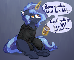 Size: 3296x2680 | Tagged: safe, artist:witchtaunter, derpibooru import, oc, oc:witching hour, pony, unicorn, chest fluff, clothes, coffee, coffee cup, cup, ear fluff, ears, floppy ears, gradient background, hoodie, magic, male, sad, sitting, slouching, solo, speech bubble, stallion, telekinesis, tired, vent art