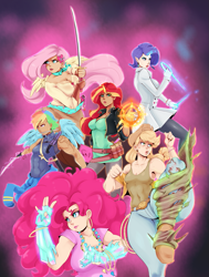 Size: 775x1024 | Tagged: safe, artist:sundown, derpibooru import, applejack, fluttershy, pinkie pie, rainbow dash, rarity, sunset shimmer, human, humane five, humanized, light skin, tan skin