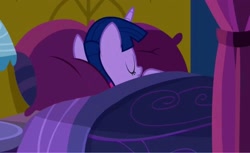 Size: 2160x1321 | Tagged: safe, derpibooru import, screencap, twilight sparkle, twilight sparkle (alicorn), alicorn, pony, do princesses dream of magic sheep, bed, bedroom, curtains, lamp, pillow, quilt, sleeping, table, twilight's castle