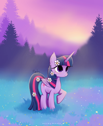 Size: 1280x1572 | Tagged: safe, artist:nnaly, derpibooru import, twilight sparkle, twilight sparkle (alicorn), alicorn, pony, cute, female, flower, flower in hair, mare, meadow, raised hoof, raised leg, solo, tree, twiabetes