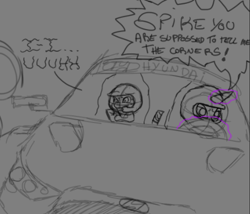 Size: 463x397 | Tagged: safe, artist:bifrose, derpibooru import, spike, twilight sparkle, dragon, pony, unicorn, angry, baby, baby dragon, car, driving, helmet, hyundai, nervous, racecar, racing