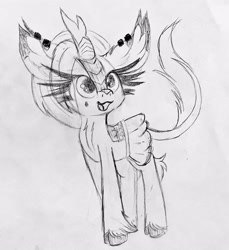 Size: 3210x3500 | Tagged: safe, artist:windykirin, derpibooru import, oc, oc only, oc:misty showers, kirin, big ears, cloven hooves, cute, ears, impossibly long eyelashes, kirin oc, leonine tail, long eyelashes, open mouth, open smile, pencil drawing, sketch, smiling, solo, tail, traditional art
