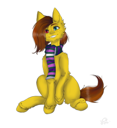 Size: 1600x1750 | Tagged: safe, derpibooru import, oc, oc only, oc:yuris, pegasus, pony, clothes, ears up, female, heterochromia, png, scarf, simple background, sitting, smiling, solo, striped scarf, trade, transparent background