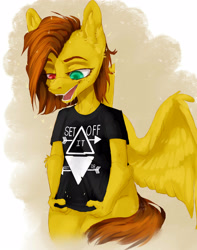 Size: 3159x4000 | Tagged: safe, derpibooru import, oc, oc only, oc:yuris, pegasus, pony, werewolf, clothes, female, folded wings, heterochromia, open mouth, paws, shirt, simple background, smiling, solo, t-shirt, trade, wings