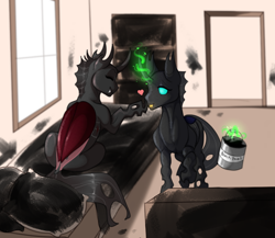 Size: 956x829 | Tagged: safe, artist:snowberry, derpibooru import, oc, oc only, oc:coxa, oc:mimesis, changeling, bed, bedroom, boop, changeling oc, duo, fangs, heart, magic, male, no source available, paint, pillow, red changeling, scar, sitting, smiling, tongue, tongue out, window