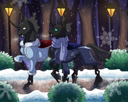 Size: 1280x1024 | Tagged: safe, artist:snowberry, derpibooru import, oc, oc only, oc:coxa, oc:mimesis, changeling, bush, changeling oc, clothes, coat, duo, fangs, lamppost, male, no source available, path, red changeling, scarf, smiling, snow, snowflake, tree, walking, winter, winter outfit