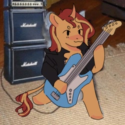 Size: 2048x2048 | Tagged: safe, artist:cardigansandcats, derpibooru import, sunset shimmer, pony, unicorn, equestria girls, amplifier, cute, guitar, leonine tail, musical instrument, photo, smiling, solo, tail