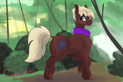 Size: 3300x2200 | Tagged: safe, derpibooru exclusive, derpibooru import, oc, earth pony, pony, blushing, butt, cute, earth pony oc, forest, plot, scenery, solo