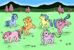 Size: 1000x678 | Tagged: safe, artist:noelle23, derpibooru import, applejack (g1), blossom, bubbles (g1), cotton candy (g1), firefly, seashell (g1), earth pony, pegasus, pony, g1, bow, bucking, coloring book, digitally colored, female, field, flower, flying, freckles, grazing, horses doing horse things, mare, outdoors, raised hoof, raised leg, rearing, sitting, smiling, spread wings, tail, tail bow, tree, wings