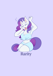 Size: 1423x2048 | Tagged: safe, artist:mscolorsplash, derpibooru import, rarity, anthro, unicorn, armpits, belly button, breasts, cleavage, clothes, eyes closed, female, mare, name, nightshirt, open mouth, pajamas, purple background, raritits, simple background, solo, yawn