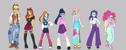 Size: 2048x826 | Tagged: safe, artist:msmonsterpop, derpibooru import, applejack, fluttershy, pinkie pie, rainbow dash, rarity, sci-twi, sunset shimmer, twilight sparkle, human, equestria girls, boots, clothes, gray background, humane five, humane seven, humane six, looking at you, miniskirt, shoes, simple background, skirt, socks, thigh highs, thigh socks