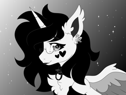 Size: 8000x6000 | Tagged: safe, artist:crazysketch101, derpibooru import, oc, oc only, oc:snowe, alicorn, pony, alicorn oc, black and white, clothes, collar, commission, ear piercing, earring, glasses, gradient background, grayscale, horn, jewelry, lip piercing, monochrome, piercing, socks, solo, wings