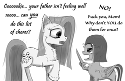Size: 2200x1437 | Tagged: safe, artist:chopsticks, derpibooru import, pinkie pie, oc, oc:cookie cutter, earth pony, pegasus, pony, comic:wtb is this?, cheek fluff, chest fluff, dialogue, ear fluff, ears, fangs, female, filly, foal, fuck you, mare, middle finger, monochrome, mother and child, mother and daughter, parent and child, pegasus oc, pinkamena diane pie, simple background, unshorn fetlocks, vulgar, white background, wing hands, wings