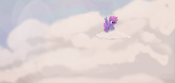 Size: 889x424 | Tagged: safe, artist:pinkchalk, artist:truthormare, derpibooru import, rainbowshine, pegasus, pony, collaboration, cloud, colored, female, flying, lens flare, lineart, mare, painting, scenery, sky, smiling, solo, spread wings, wings