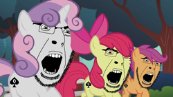 Size: 1280x720 | Tagged: safe, derpibooru import, edit, edited screencap, screencap, apple bloom, scootaloo, sweetie belle, bbc, cobson, cutie mark crusaders, ear, glasses, horn, meme, open mouth, purple hair, queen of spades, soyjak, stubble, wojak