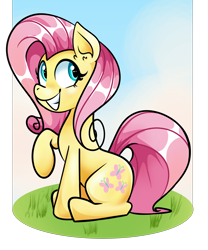 Size: 2500x3000 | Tagged: safe, artist:scootieloo, derpibooru import, fluttershy, pony, background, female, grass, grin, happy, looking up, mare, pose, simple background, sky, smiling, solo, teeth, transparent background, wingless