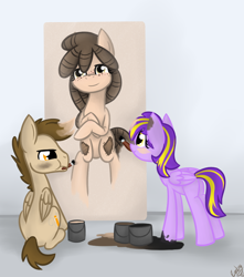 Size: 750x850 | Tagged: safe, artist:emberbell, derpibooru import, oc, oc only, oc:sinclair, pegasus, pony, blushing, butt, duo, female, male, mare, mouth hold, pegasus oc, plot, sitting, stallion