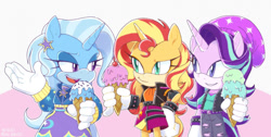 Size: 1259x635 | Tagged: safe, artist:kanayanga, derpibooru import, starlight glimmer, sunset shimmer, trixie, anthro, unicorn, bracelet, female, food, hairclip, ice cream, jewelry, looking at each other, looking at someone, mobian, sonic the hedgehog (series), sonicified, trio, trio female