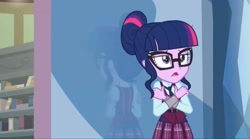 Size: 2160x1200 | Tagged: safe, derpibooru import, screencap, sci-twi, twilight sparkle, human, equestria girls, friendship games, clothes, crystal prep academy, crystal prep academy uniform, female, glasses, hair bun, necktie, school, school uniform, schoolgirl, solo, song, what more is out there