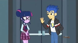 Size: 2160x1203 | Tagged: safe, derpibooru import, screencap, flash sentry, sci-twi, twilight sparkle, human, equestria girls, friendship games, canterlot high, clothes, crystal prep academy uniform, door, female, glasses, hair bun, jacket, leather jacket, magic capture device, male, necktie, school, school uniform, schoolgirl, shirt, t-shirt