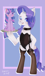 Size: 2323x3872 | Tagged: safe, artist:ecor土土, derpibooru import, rarity, twilight sparkle, twilight sparkle (alicorn), alicorn, pony, unicorn, bipedal, chest fluff, clothes, cute, duo, duo female, ear fluff, ears, eye clipping through hair, female, gradient background, lesbian, looking at you, one eye closed, open mouth, rarilight, shipping, simple background, size difference, socks, standing, thigh highs, tiny, tiny ponies, underwear, wink, winking at you