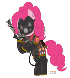 Size: 1056x1166 | Tagged: safe, artist:bloonacorn, derpibooru import, pinkie pie, /mlp/ tf2 general, axtinguisher, degreaser, eyes closed, flamethrower, pinkie pyro, pyro, simple background, solo, team fortress 2, transparent background, weapon