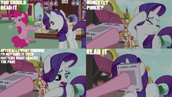 Size: 2000x1125 | Tagged: safe, derpibooru import, edit, edited screencap, editor:quoterific, screencap, pinkie pie, rarity, it isn't the mane thing about you, magazine, newsstand