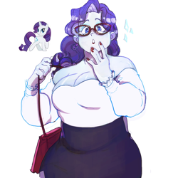 Size: 1200x1200 | Tagged: safe, artist:nekoboygandalf, derpibooru import, rarity, human, breasts, cleavage, clothes, eyeshadow, fat, glasses, humanized, looking at you, makeup, purse, raritits, raritubby, shirt, simple background, skirt, solo, thick, white background