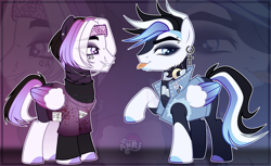 Size: 6192x3792 | Tagged: safe, derpibooru import, oc, pegasus, pony, adoptable, blue background, blue mane, ear piercing, looking at you, piercing, pink background, pink mane, punk, simple background, smiling, smiling at you