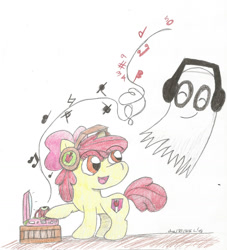 Size: 1350x1488 | Tagged: safe, artist:thepuzzleprincess, derpibooru import, apple bloom, earth pony, ghost, pony, undead, eyes closed, female, filly, foal, headphones, music, napstablook, traditional art, undertale