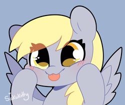 Size: 2048x1721 | Tagged: safe, artist:sakukitty, derpibooru import, derpy hooves, pegasus, pony, cute, derpabetes, female, mare, mlem, signature, silly, simple background, solo, spread wings, tongue, tongue out, wings