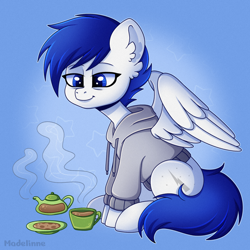 Size: 2500x2500 | Tagged: safe, artist:madelinne, derpibooru import, oc, oc only, pegasus, pony, blue eyes, clothes, cup, high res, hoodie, partially open wings, signature, sitting, solo, teacup, wings