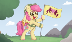 Size: 3660x2160 | Tagged: safe, artist:msaniiart, derpibooru import, patch (g1), pegasus, pony, g1, g4, my little pony tales, cloud, female, flag, flag pole, g1 to g4, generation leap, grass, high res, mare, mountain, open mouth, partially open wings, scenery, signature, sky, solo, wings