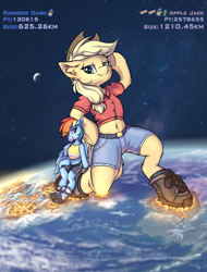 Size: 1556x2048 | Tagged: safe, artist:ravistdash, derpibooru import, applejack, rainbow dash, earth pony, pegasus, semi-anthro, belly button, bipedal, boots, city, clothes, destruction, earth, fetish, growth drive, hoofprints, macro, raised hoof, raised leg, satellite, shoes, smiling, smirk, sneakers, space, text, underhoof